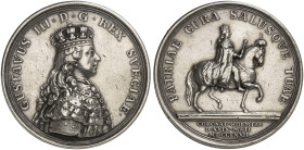 EUROPA. SCHWEDEN. Gustav III., 1771-1792. 
Silbermedaille 1772 (von G. Ljungberger, 56,2 mm), auf seine Krönung. Brustbild / Reitender König im Krönu...