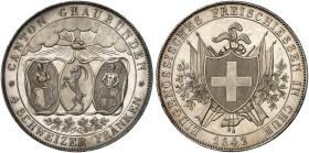 EUROPA. SCHWEIZ. - EIDGENOSSENSCHAFT. 
4 Franken 1842, Freischießen in Chur.
Dav. 372, Divo S 1, HMZ 2-1340 winz. Haarlinien, vz