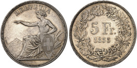 EUROPA. SCHWEIZ. - EIDGENOSSENSCHAFT. 
5 Franken 1855, München, Freischießen in Solothurn.
Dav. 377, Divo S 3, HMZ 2-1343a kl. Rdf., vz