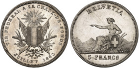 EUROPA. SCHWEIZ. - EIDGENOSSENSCHAFT. 
5 Franken 1863, Schützenfest in La-Chaux-de-Fonds.
Dav. 381, Divo S 7, HMZ 2-1343e f. Kr., vz