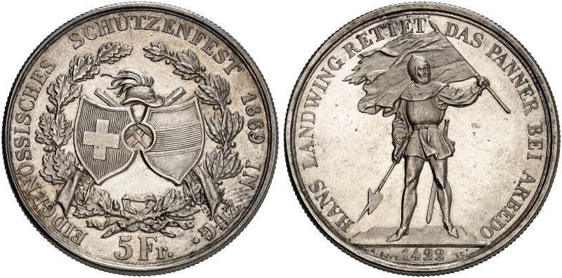 EUROPA. SCHWEIZ. - EIDGENOSSENSCHAFT. 
5 Franken 1869, Schützenfest in Zug.
Da...