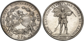 EUROPA. SCHWEIZ. - EIDGENOSSENSCHAFT. 
5 Franken 1869, Schützenfest in Zug.
Dav. 384, Divo S 10, HMZ 2-1343h Haarlinien, vz