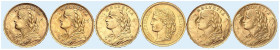 EUROPA. SCHWEIZ. - EIDGENOSSENSCHAFT. 
Lot von 6 Stück: 20 Franken 1886, 1897, 1935, 1947 (3x).
Friedb. 495, 499, Divo 98, 158, 432, 511, HMZ 2-1194...