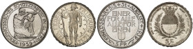 EUROPA. SCHWEIZ. - EIDGENOSSENSCHAFT. 
Lot von 2 Stück: 5 Franken 1934, Schützenfest in Fribourg, 1939, Schützenfest in Luzern.
Divo S 19, S 21, HMZ...