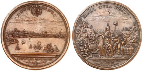 EUROPA. - GENF. 
Bronzemedaille 1749 (von J. Dassier, 68,6 mm), auf die Verdienste der Reformation. Stadtwappen über Flottenmanöver / Thronende Stadt...