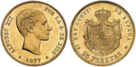 EUROPA. SPANIEN. Alfonso XII., 1874-1885. 
25 Pesetas 1877, Madrid.
Friedb. 342, C. C. 15925, Schlumb. 278 Gold winz. Rdf., vz