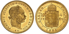 EUROPA. UNGARN. - Königreich. Franz Joseph I., 1848-1916. 
4 Forint 1885, Kremnitz.
Friedb. 247, Her. 308, Huszár 2121, Schlumb. 79 Gold vz