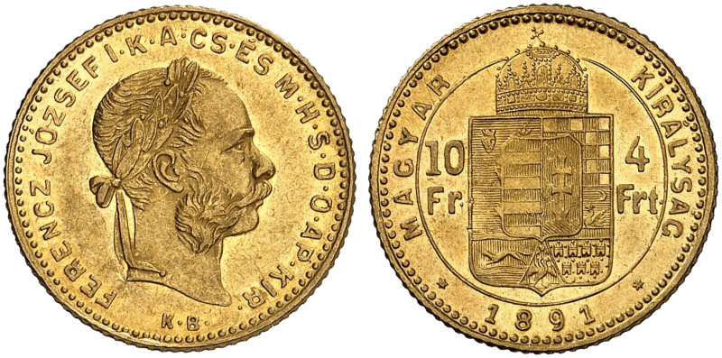 EUROPA. UNGARN. - Königreich. Franz Joseph I., 1848-1916. 
4 Forint 1891, Kremn...