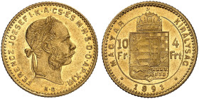 EUROPA. UNGARN. - Königreich. Franz Joseph I., 1848-1916. 
4 Forint 1891, Kremnitz.
Friedb. 248, Her. 315, Huszár 2122, Schlumb. 86 Gold vz