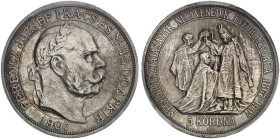 EUROPA. UNGARN. - Königreich. Franz Joseph I., 1848-1916. 
5 Kronen 1907, Kremnitz, zum 40-jährigen Jubiläum der ungarischen Krönung
Dav. 124, Her. ...