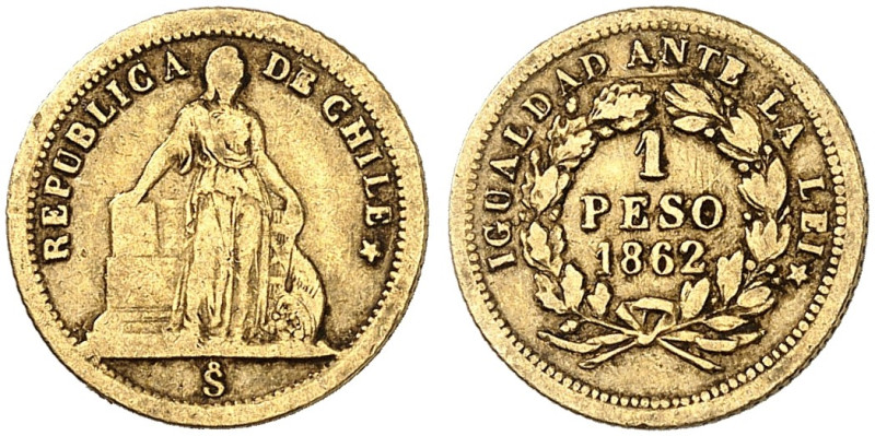 ÜBRIGES AUSLAND. CHILE. - Republik seit 1818. 
1 Peso 1862.
Friedb. 48, KM 133...