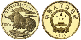 ÜBRIGES AUSLAND. CHINA. - Volksrepublik seit 1911. 
100 Yuan 1986, Wild Yak.
Friedb. 18, KM 151 Gold WWF-Folder und Zertifikat, PP