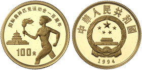 ÜBRIGES AUSLAND. CHINA. - Volksrepublik seit 1911. 
100 Yuan 1994, Olympiade, Fackelläuferin.
Friedb. 114, KM 529 Gold PP