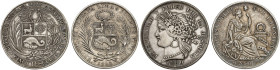 ÜBRIGES AUSLAND. PERU. - Republik seit 1821. 
Lot von 2 Stück: 5 Pesetas 1880, 1 Sol 1893.
Ray. 25, KM 201.2, 196.26 kl. Rdf., ss
