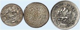 ÜBRIGES AUSLAND. TIBET. 
Lot von 3 Stück: Sho-Srang Währung, 1 1/2, 3 Srang, Ga-Den Währung, Tanga.
KM Y 24, 26, F 13 f. vz, ss