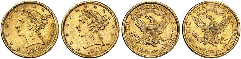 ÜBRIGES AUSLAND. USA. 
Lot von 2 Stück: 5 Dollars 1901, 1907, Coronet Head Type...