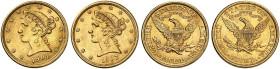 ÜBRIGES AUSLAND. USA. 
Lot von 2 Stück: 5 Dollars 1901, 1907, Coronet Head Type.
Friedb. 143, KM 101, Yeo. 23a Gold f. vz