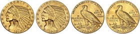 ÜBRIGES AUSLAND. USA. 
Lot von 2 Stück: 5 Dollars 1909 D, 1910 D, Indian Head Type.
Friedb. 151, KM 129, Yeo. 33 Gold ss - vz