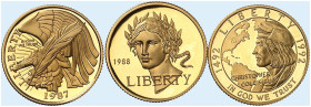 ÜBRIGES AUSLAND. USA. Gedenkmünzen. 
Lot von 3 Stück: 5 Dollars 1987 W, Verfassung, 1988 W, Olympiade, 1992 W, Kolumbus.
Friedb. 198,199, 203, KM 22...