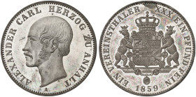 ANHALT - BERNBURG. Alexander Carl, 1834-1863. 
Vereinstaler 1859 A.
Thun 5, AKS 14, J. 72 mit polierten Stempeln geprägt, zaponiert, EA
