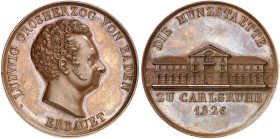 BADEN - DURLACH. Ludwig I., 1818-1830. 
Bronzemedaille 1826 (von L. Kachel, 40,8 mm), auf die Erbauung der Münzstätte in Karlsruhe. Büste / Gebäude....