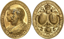 BADEN - DURLACH. Friedrich I., 1852-1907. 
Ovale Goldmedaille 1881 (von K. Schwenzer, 41,4 x 51,9 mm, 86,7 g), auf die Silberhochzeit mit Luise von P...