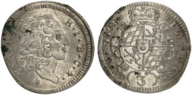 BAYERN. Karl Albert, 1726-1745. 
3 Kreuzer 1728.
Witt. 1944, Hahn 242 l. Belag, vz