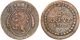 BAYERN. Maximilian IV. (I.) Joseph, 1799-1825. 
1/2 Kreuzer 1802, Mannheim, für die Rheinpfalz.
AKS 27, Witt. 2610, Hahn 435 RR ! l. korrodiert, f. ...