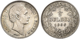 BAYERN. Ludwig II., 1864-1886. 
1/2 Gulden 1866.
AKS 180, J. 102 schöne Patina, f. St