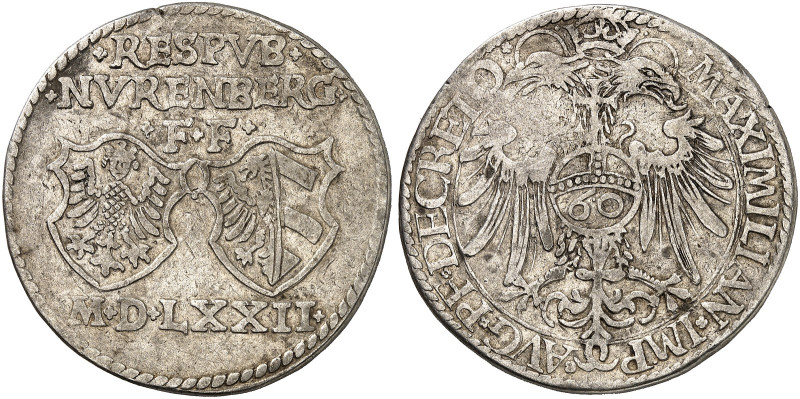 NÜRNBERG. - Stadt. 
Guldentaler zu 60 Kreuzer 1572, mit Titel Maximilian II.
D...