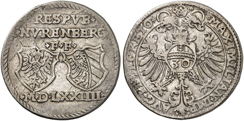 NÜRNBERG. - Stadt. 
1/2 Guldentaler zu 30 Kreuzer 1574, mit Titel Maximilian II...