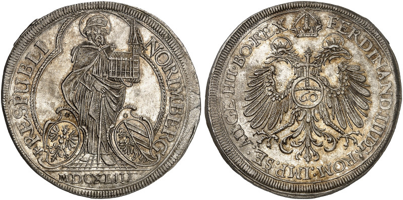 NÜRNBERG. - Stadt. 
Guldentaler zu 60 Kreuzer 1643, mit Titel Ferdinand III.
D...