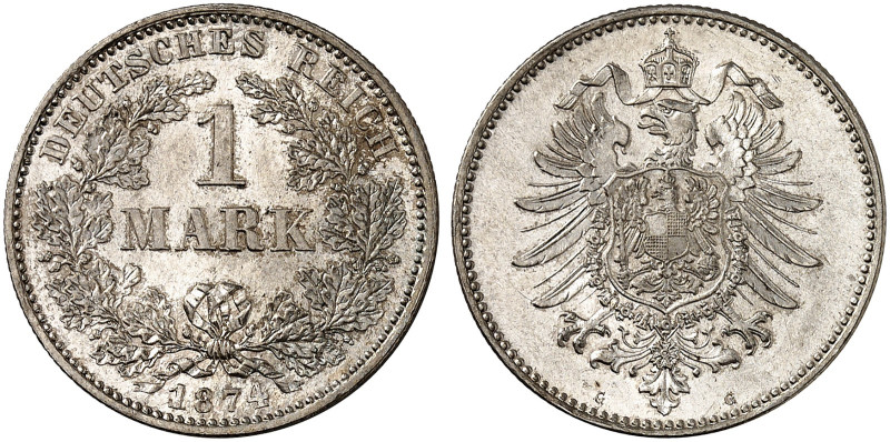 KLEINMÜNZEN. J. 9, EPA 55 
1 Mark 1874 G.
winz. Kr., f. St