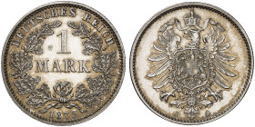 KLEINMÜNZEN. J. 9, EPA 55 
1 Mark 1875 J.
in dieser Erhaltung sehr selten !
schöne Patina, EA