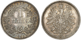 KLEINMÜNZEN. J. 9, EPA 55 
1 Mark 1881 J.
schöne Patina, kl. Kr., f. St