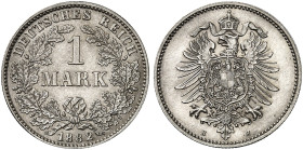 KLEINMÜNZEN. J. 9, EPA 55 
1 Mark 1882 H.
in dieser Erhaltung äußerst selten !
f. St