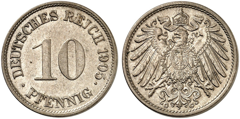 KLEINMÜNZEN. J. 13, EPA 28 
10 Pfennig 1905 G.
R ! winz. Kr., f. St