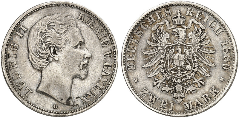 BAYERN. Ludwig II., 1864-1886. J. 41, EPA 2/11 
2 Mark 1880.
seltener Jahrgang...