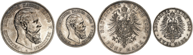 PREUSSEN. Friedrich III., 1888. J. 98, 99, EPA 2/37, 5/34 
Lot von 2 Stück: 2, ...