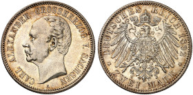 SACHSEN - WEIMAR - EISENACH. Carl Alexander, 1853-1901. J. 156, EPA 2/64 
2 Mark 1892, zur Goldenen Hochzeit.
schöne Patina, f. St