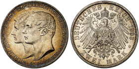 SACHSEN - WEIMAR - EISENACH. Wilhelm Ernst, 1901-1918. J. 158, EPA 2/66 
2 Mark 1903, zur Hochzeit mit Caroline.
schöne Patina, f. St