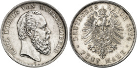 WÜRTTEMBERG. Karl, 1864-1891. J. 173, EPA 5/59 
5 Mark 1874.
kl. Kr., f. St