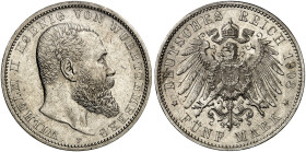 WÜRTTEMBERG. Wilhelm II., 1891-1918. J. 176, EPA 5/60 
5 Mark 1908.
kl. Kr., f. St