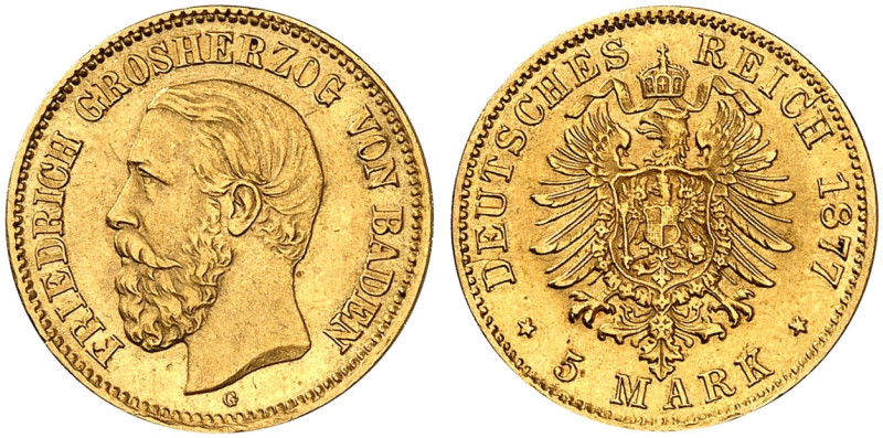 BADEN. Friedrich I., 1852-1907. J. 185, EPA 5/77 
5 Mark 1877.
vz