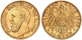 BADEN. Friedrich I., 1852-1907. J. 188, EPA 10/4 
10 Mark 1890.
seltener Jahrgang ! ss