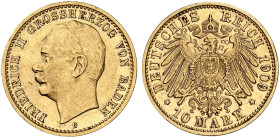 BADEN. Friedrich II., 1907-1918. J. 191, EPA 10/6 
10 Mark 1909.
vz