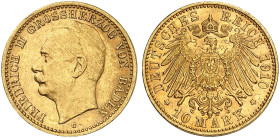 BADEN. Friedrich II., 1907-1918. J. 191, EPA 10/6 
10 Mark 1910.
f. vz