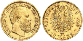 HESSEN. Ludwig IV., 1877-1892. J. 219 H, EPA 10/19 
10 Mark 1879 H.
winz. Rdf., ss