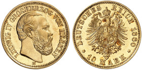 HESSEN. Ludwig IV., 1877-1892. J. 219 H, EPA 10/19 
10 Mark 1880 H.
in dieser Erhaltung sehr selten !
winz. Kr., f. St