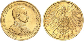 PREUSSEN. Wilhelm II., 1888-1918. J. 253, EPA 20/37 
20 Mark 1915.
der sehr seltene Jahrgang !
winz. Kr., f. St
